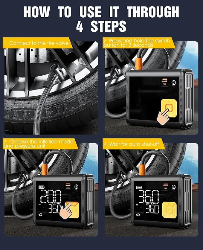 Portable Tire Inflator & Air Compressor — 20000mAh, 150 PSI with Digital Gauge
