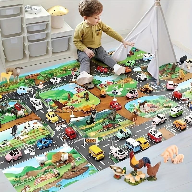 Dual-Sided Kids Play Mat: Farm & Traffic Scenes