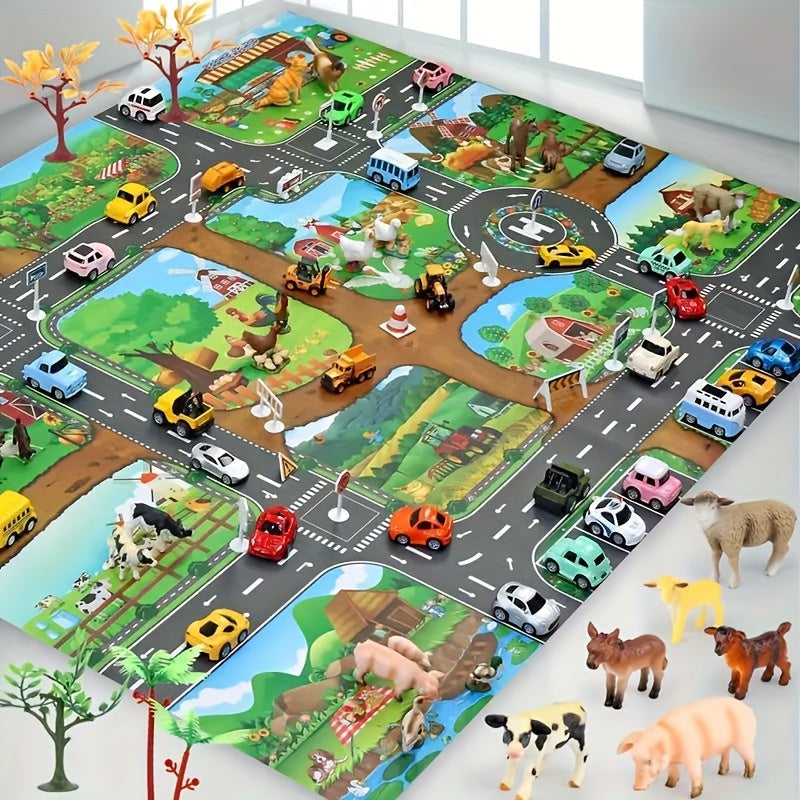Dual-Sided Kids Play Mat: Farm & Traffic Scenes