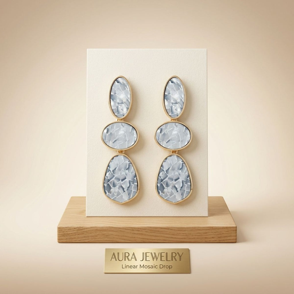 3 Tier Drop Gray Mosaic Gold Geometric Earrings