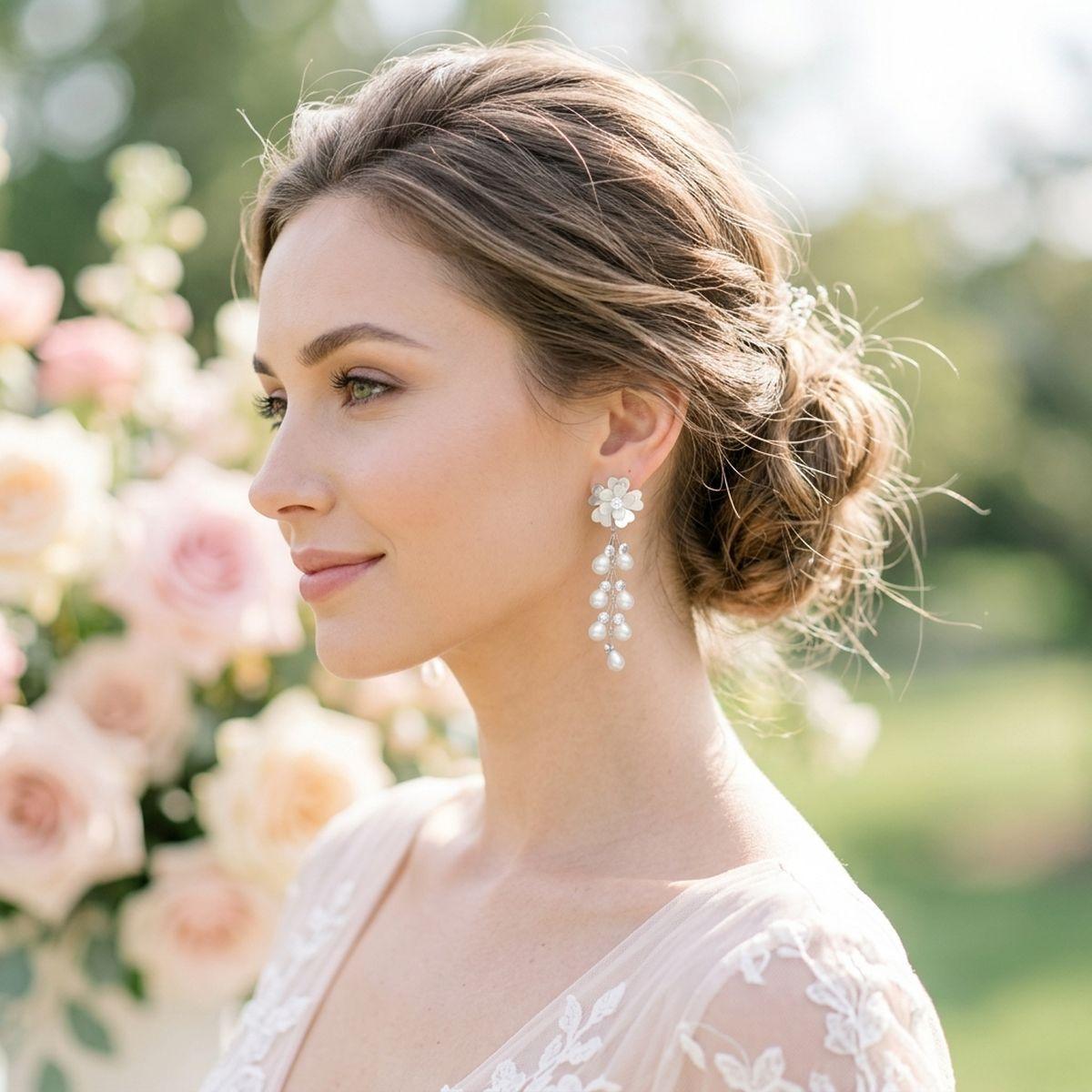 Dangle Silver Floral White Pearl Cascade Earrings
