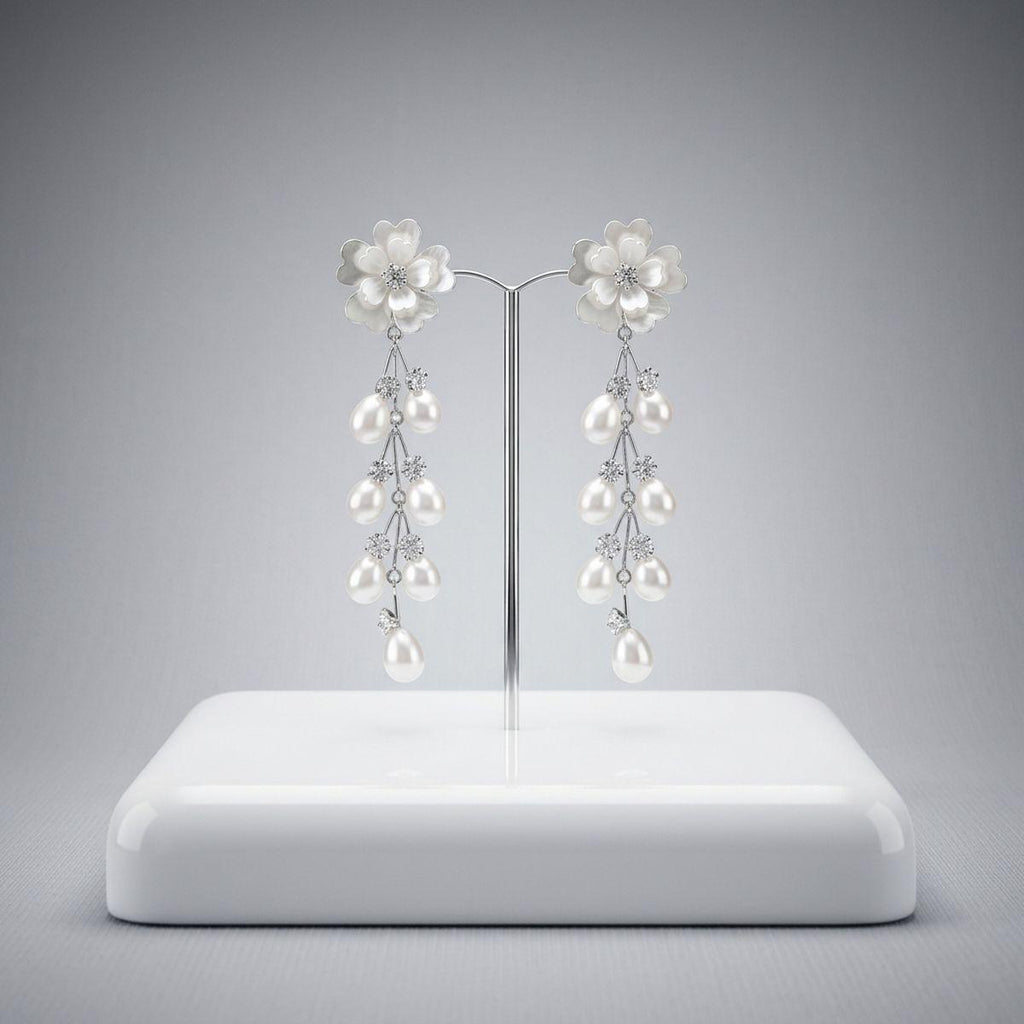 Dangle Silver Floral White Pearl Cascade Earrings