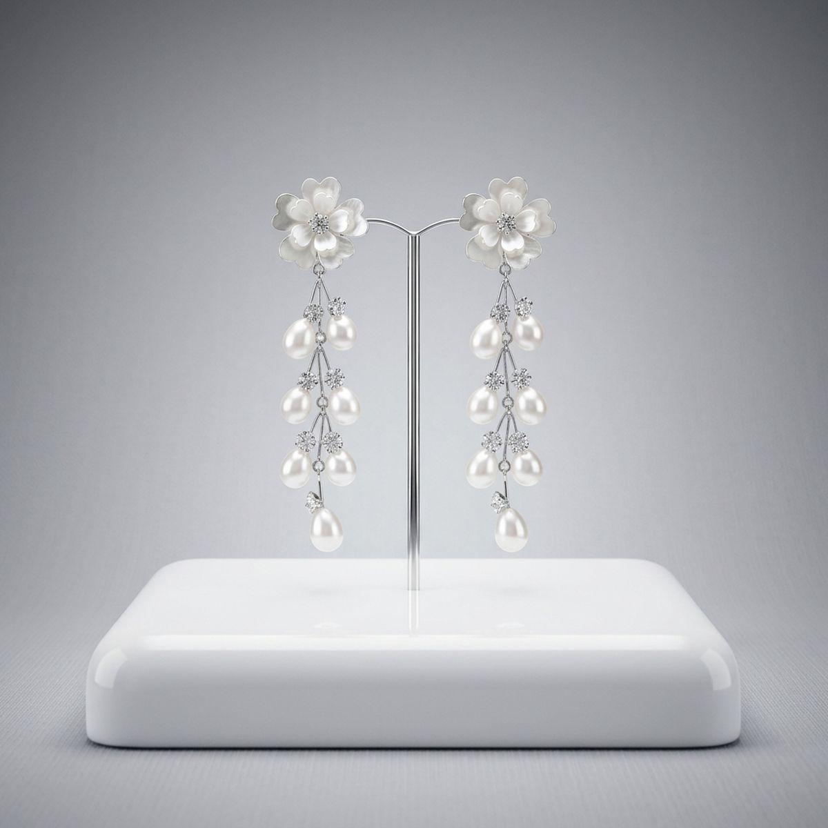 Dangle Silver Floral White Pearl Cascade Earrings