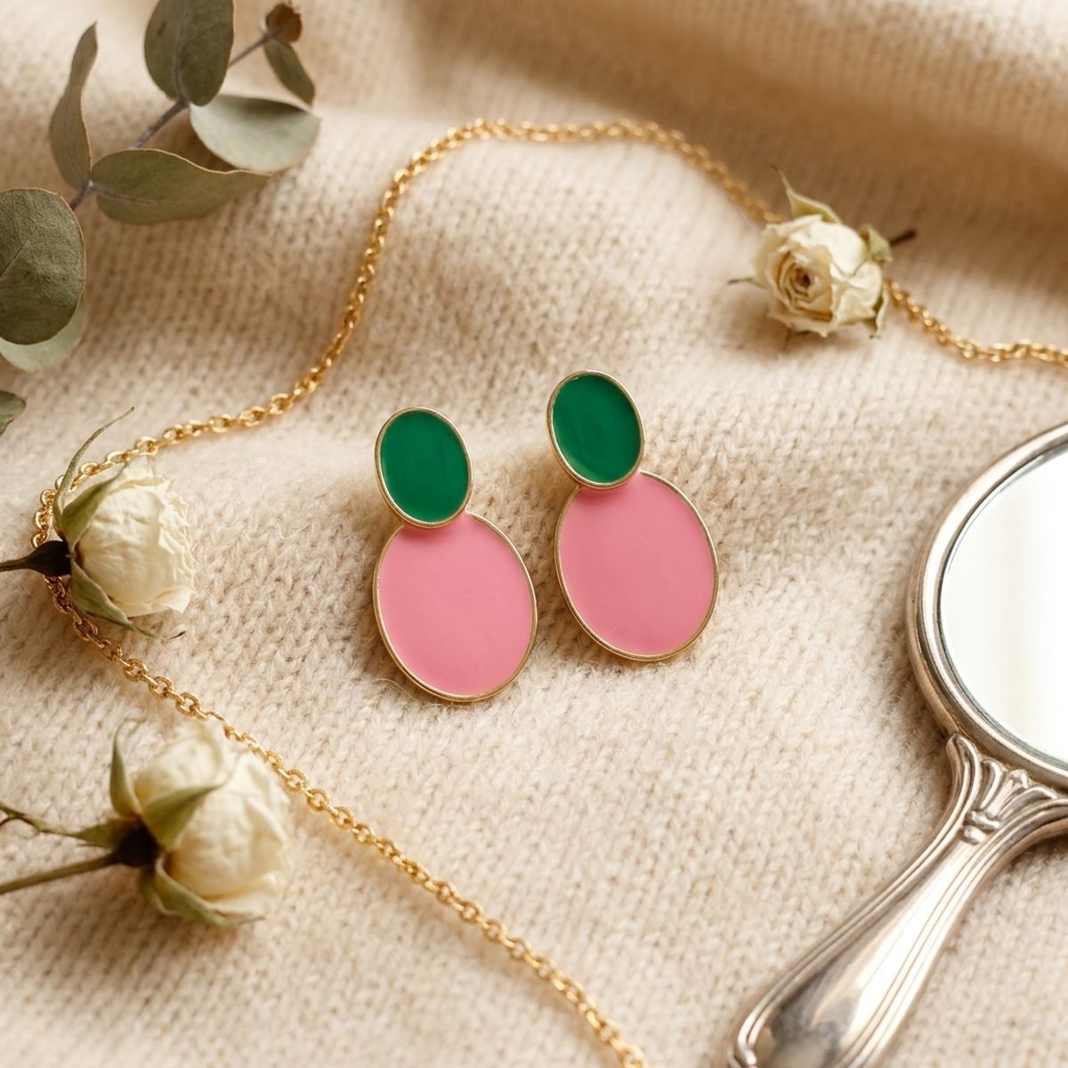 AKA Sorority Pink & Green Double Oval Drop Earrings – 14K Gold
