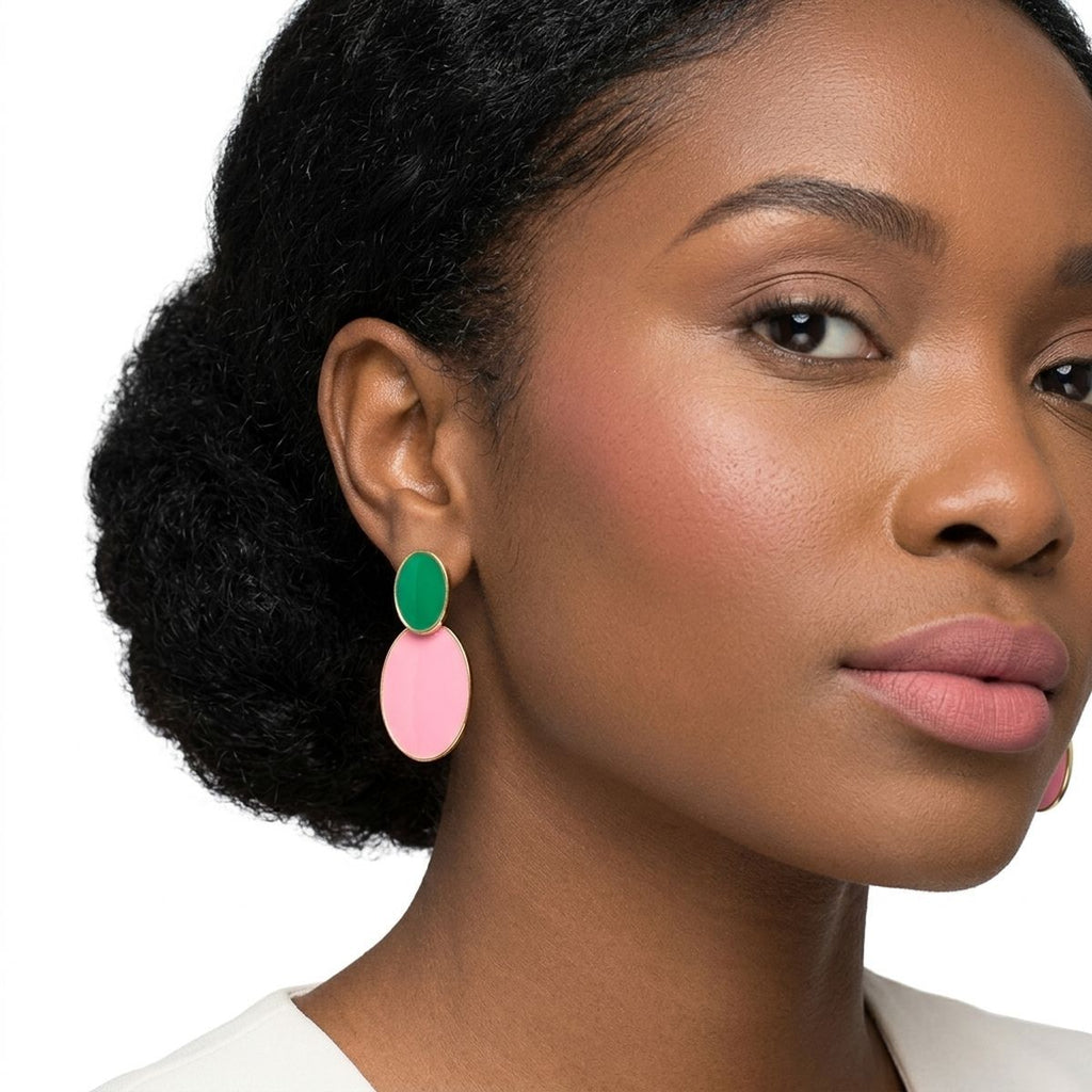AKA Sorority Pink & Green Double Oval Drop Earrings – 14K Gold