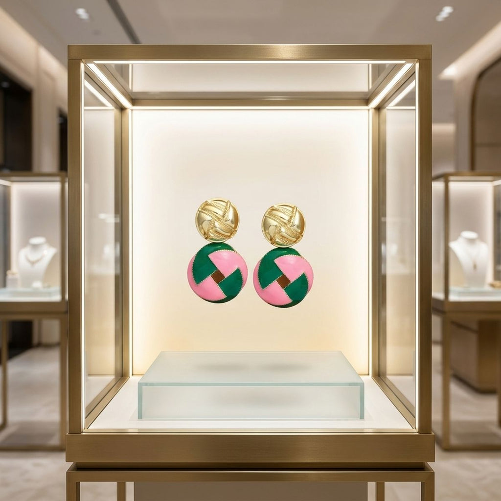 AKA Sorority Pink & Green Domed Woven Drop Earrings – 14K Gold