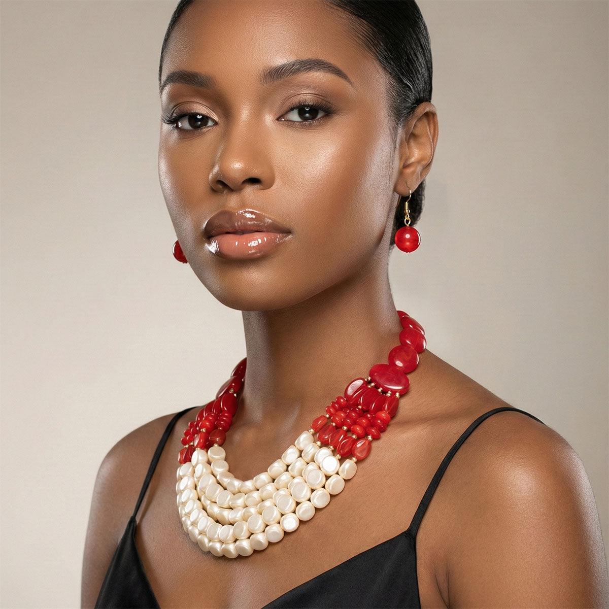 Beaded Marbled Red and Creamy Shine Layer Necklace