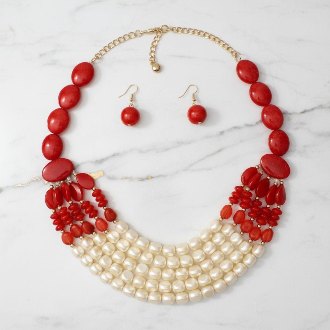 Beaded Marbled Red and Creamy Shine Layer Necklace