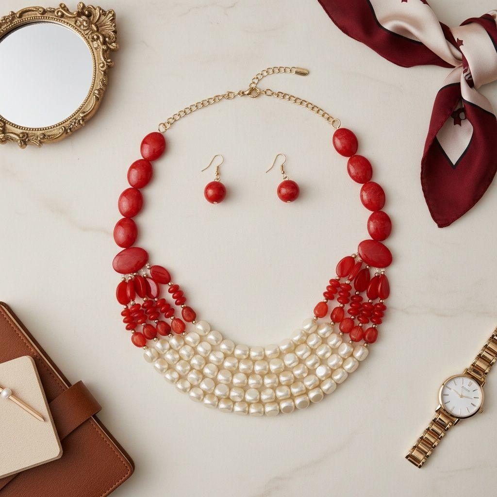 Beaded Marbled Red and Creamy Shine Layer Necklace
