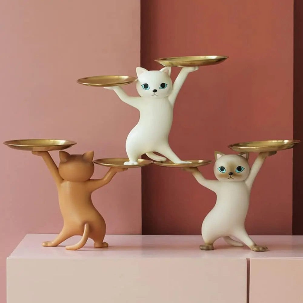 Cat Figurine with Gold Serving Trays