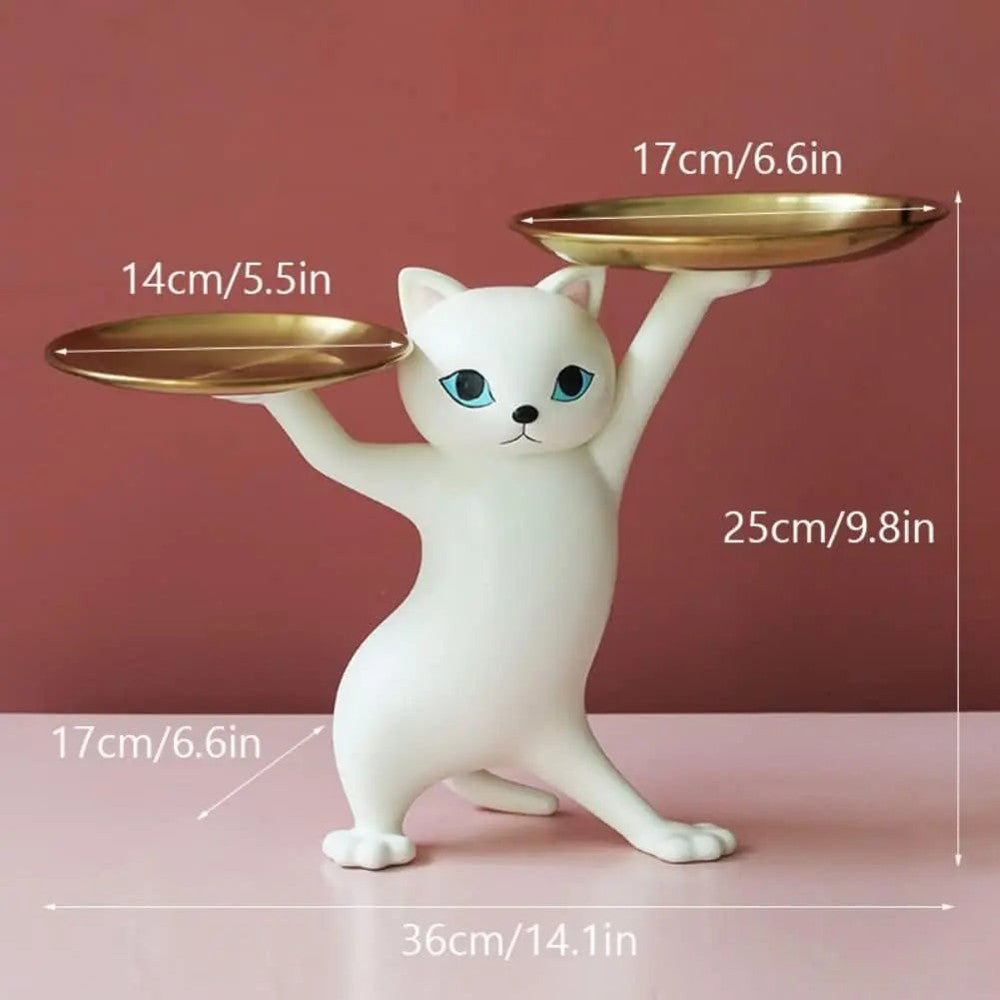 Cat Figurine with Gold Serving Trays