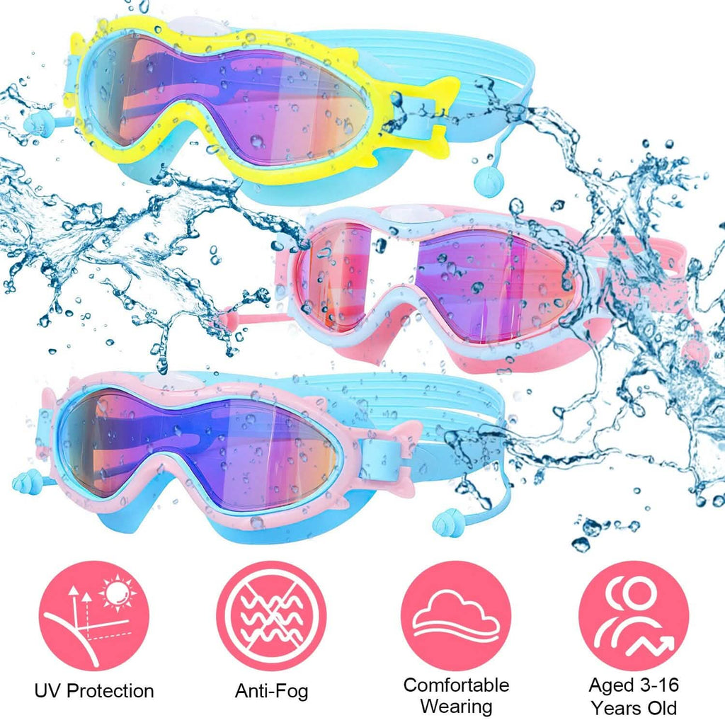 Kids Swim Goggles with Ear Plugs UV Protection Anti-Fog Leak Proof