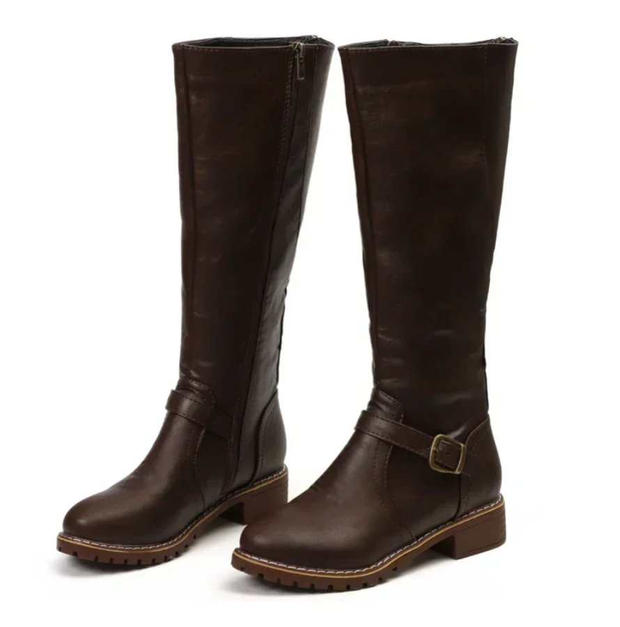 Knee-High Buckle-Strap Riding Boots
