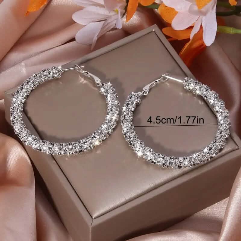 Large Full Rhinestone Silver Hoop Earrings