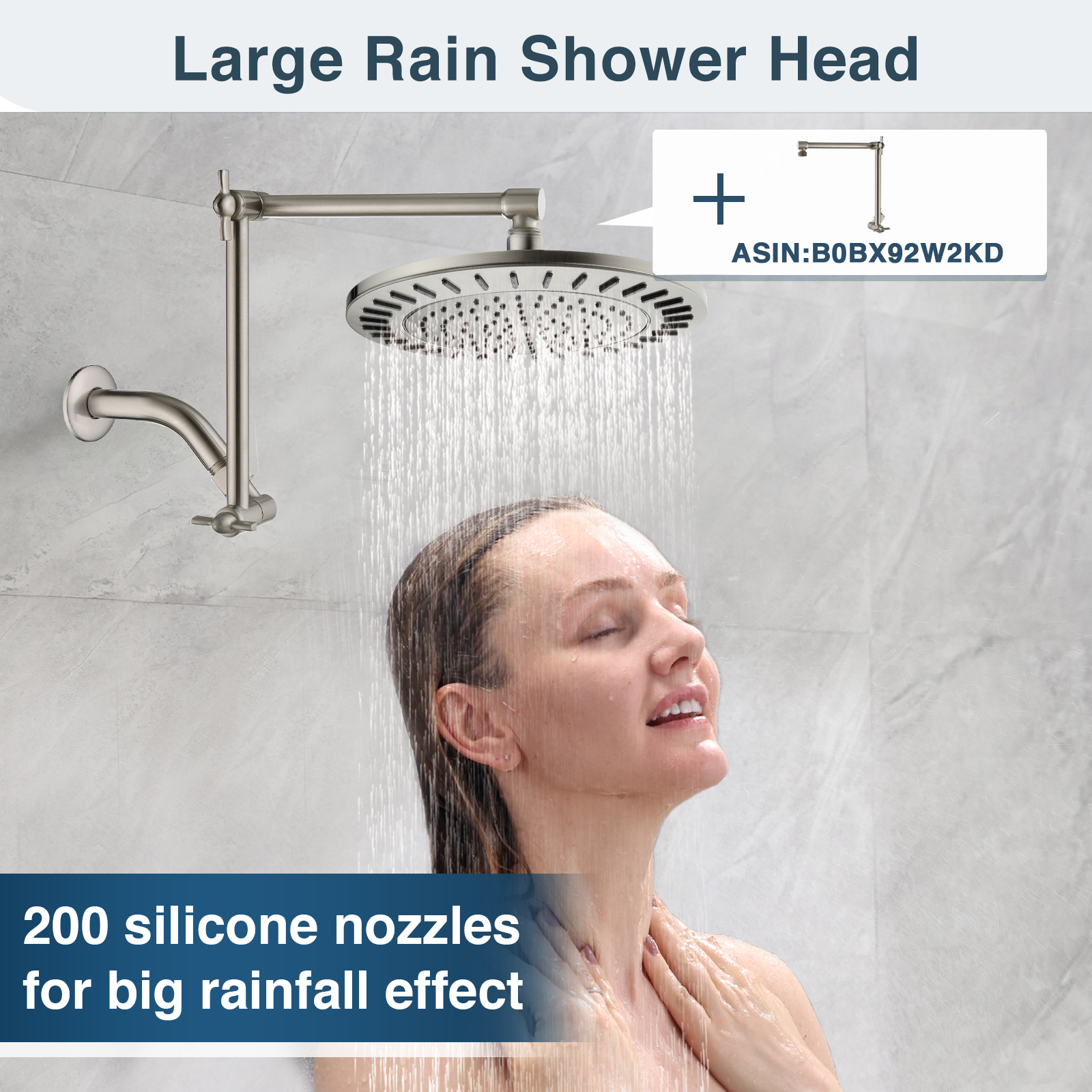 Bright Showers Waterfall Shower Head with Adjustable Angle and Anti-clogging Silicone Nozzles,9 inch