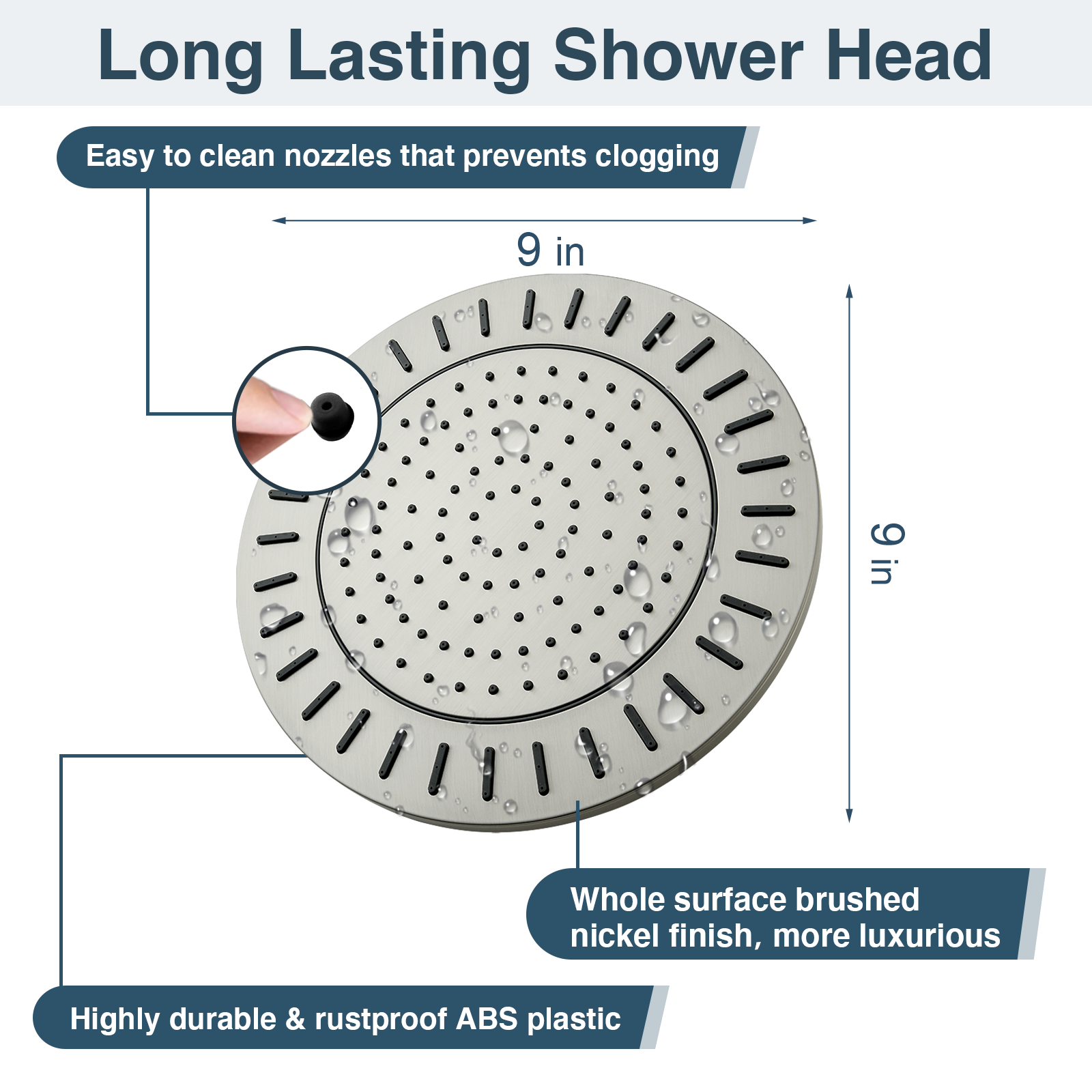 Bright Showers Waterfall Shower Head with Adjustable Angle and Anti-clogging Silicone Nozzles,9 inch