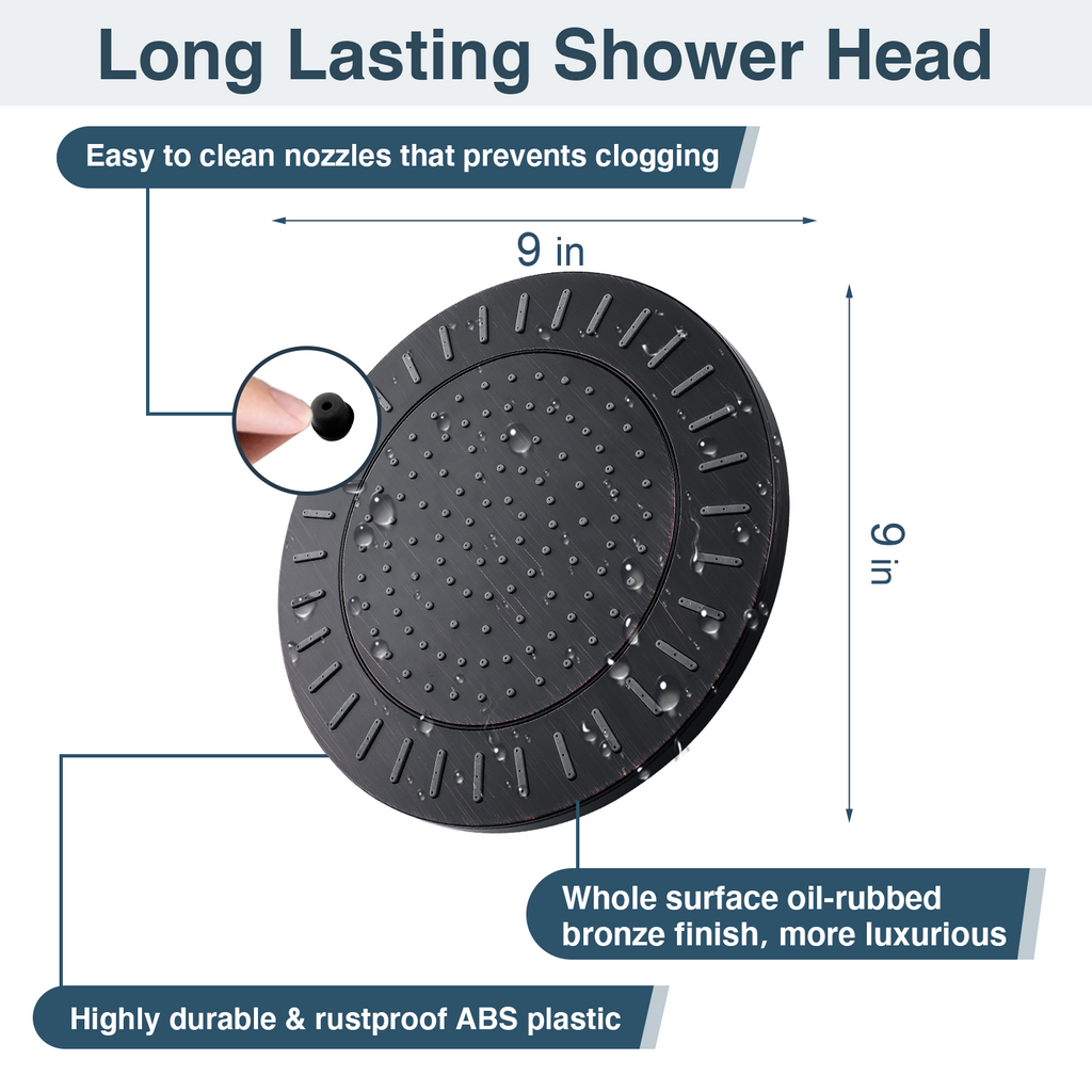 Bright Showers Waterfall Shower Head with Adjustable Angle and Anti-clogging Silicone Nozzles,9 inch