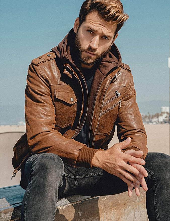 Men's Faux Leather Jacket with Removable Hood