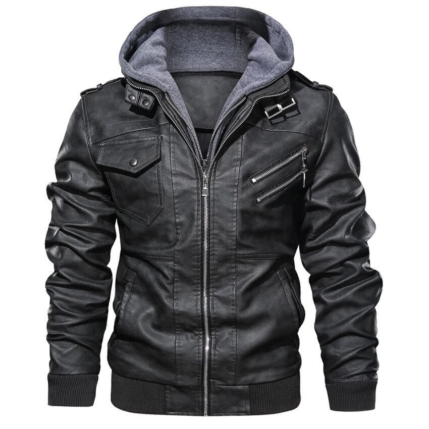 Men's Faux Leather Jacket with Removable Hood