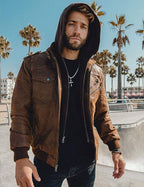 Men's Faux Leather Jacket with Removable Hood