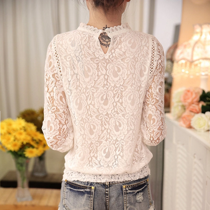 Long Sleeve Chiffon Lace Crocheted Tops