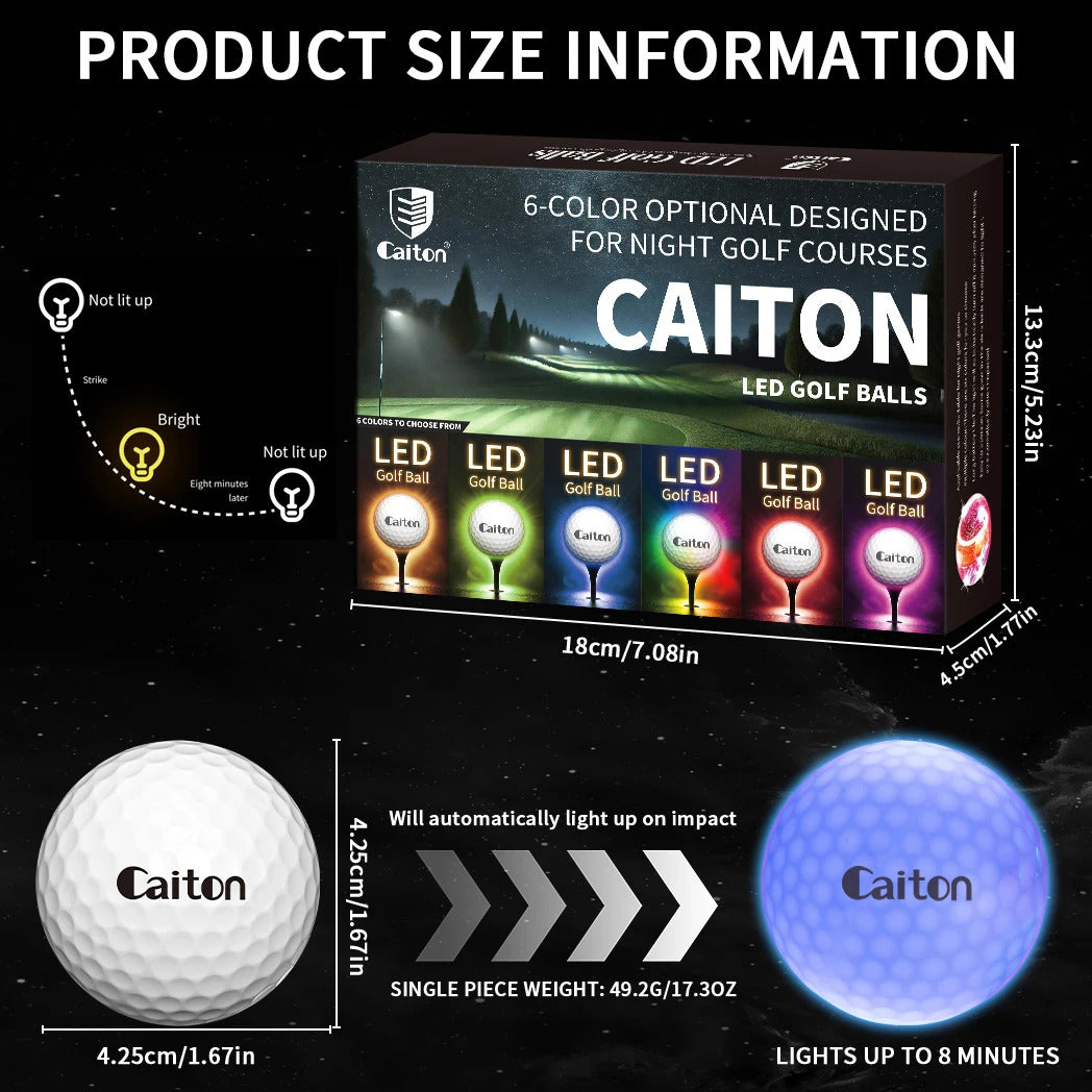 Caiton Glow in the Dark Golf Balls - Set of 6 Impact-Activated, High-Visibility Luminous Golf Balls for Nighttime Play, Ideal Gift