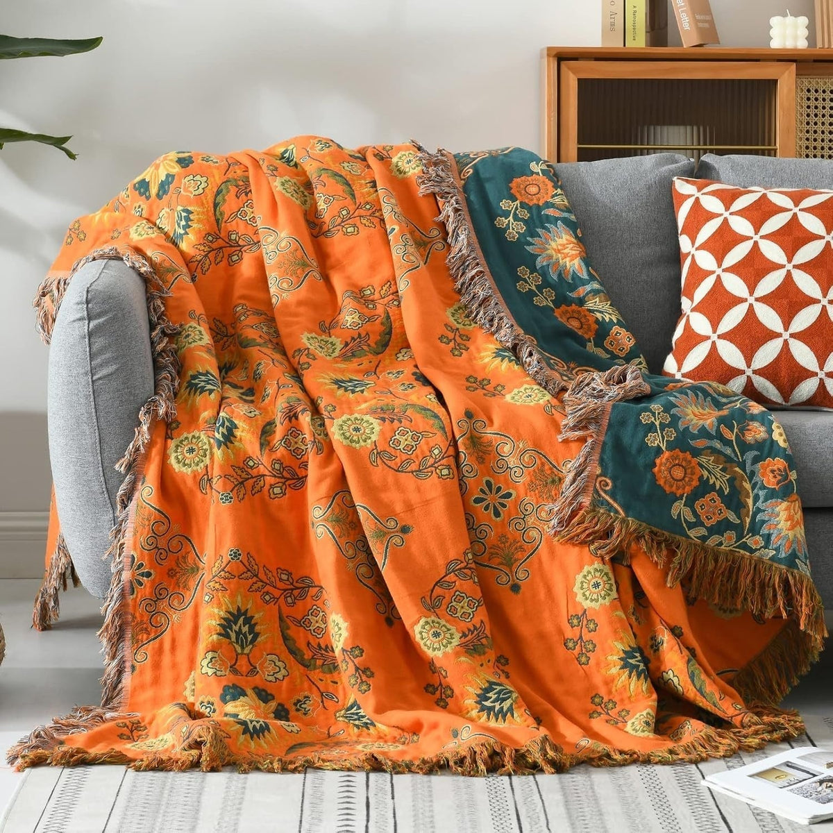 Floral Reversible Throw Blanket - Orange & Teal
