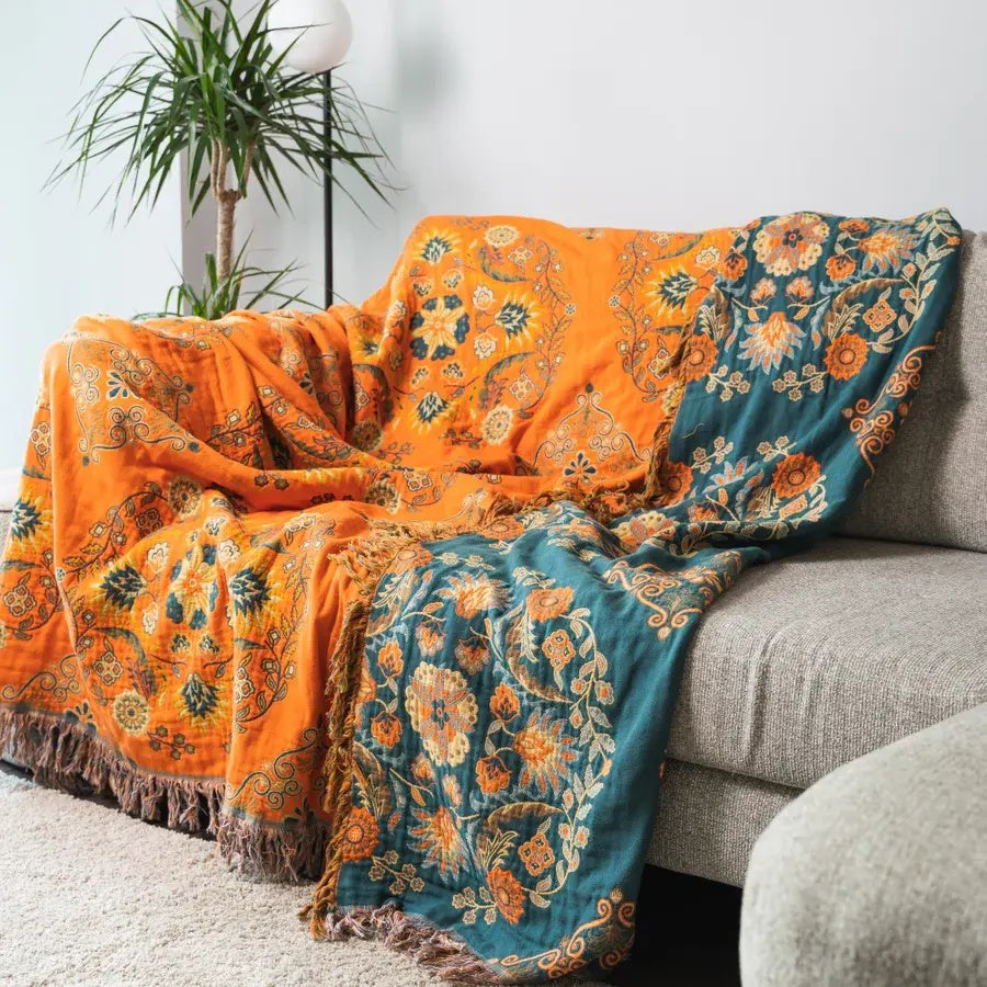 Floral Reversible Throw Blanket - Orange & Teal