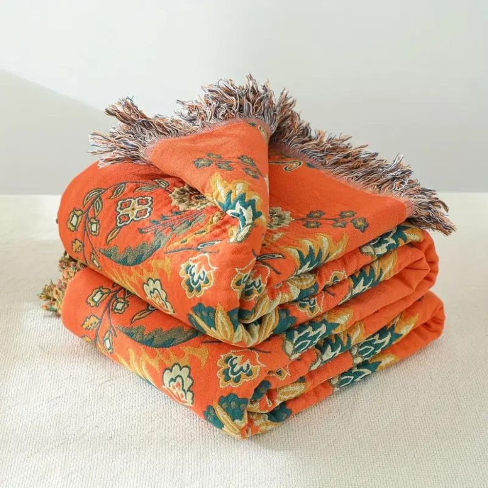 Floral Reversible Throw Blanket - Orange & Teal