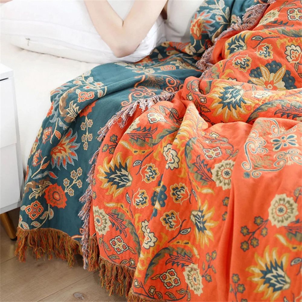 Floral Reversible Throw Blanket - Orange & Teal