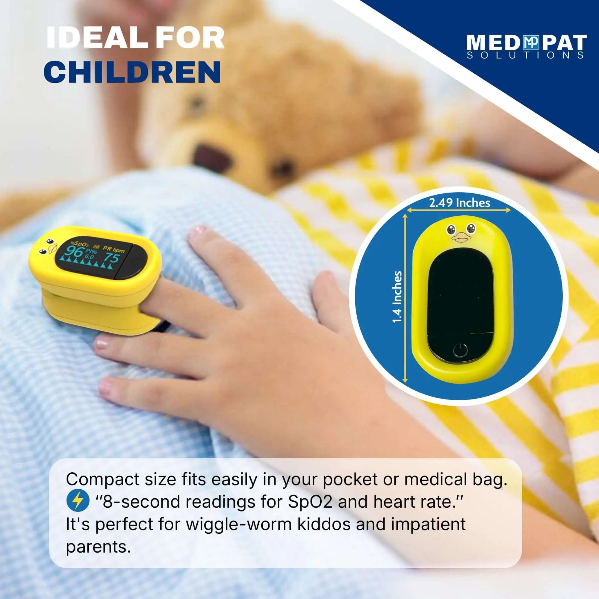 Med-Pat "Ducky" PXC-1 Kids Pulse Oximeter | Fast SpO2 & Heart Rate | FDA Cleared