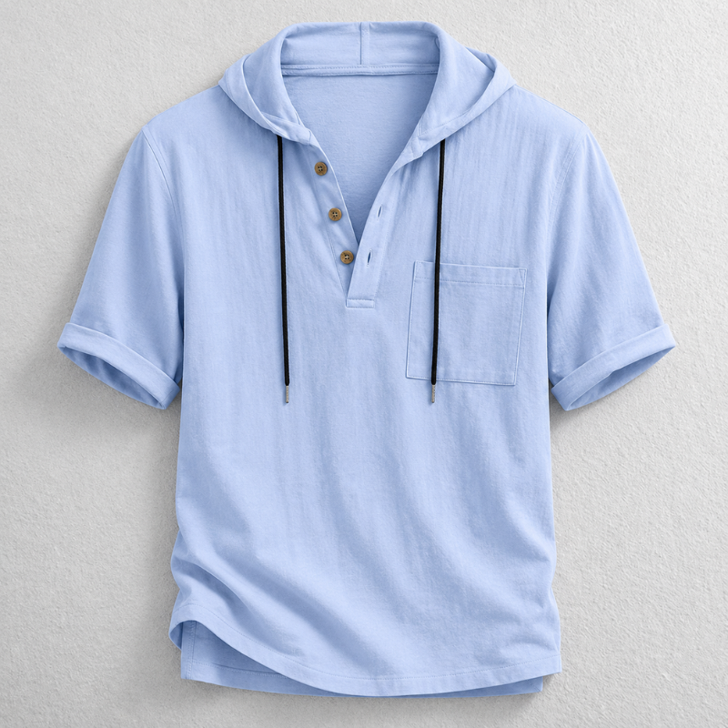 Men's Lightweight Cotton-Linen Hooded Henley Shirt