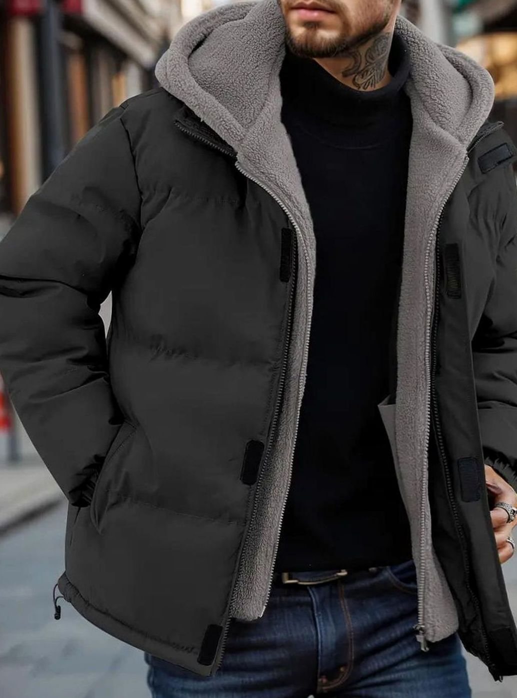 Men's Sherpa-Lined Hooded Street Style Puffer Jacket