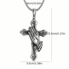 Men's Stainless Steel Prayer Hand and Cross Pendant Necklace