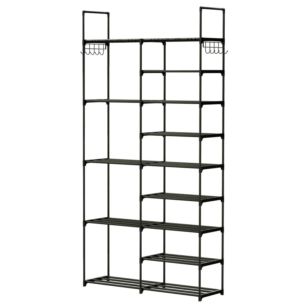 Metal Shoe Storage Shelf Free Standing Shoe Stand with 2 Row Hooks
