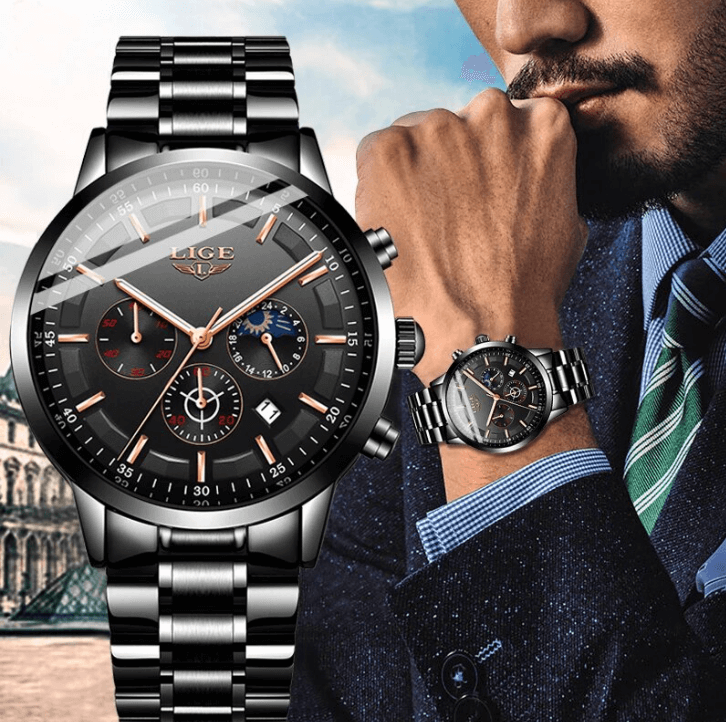 Men's Black Steel Wristwatch