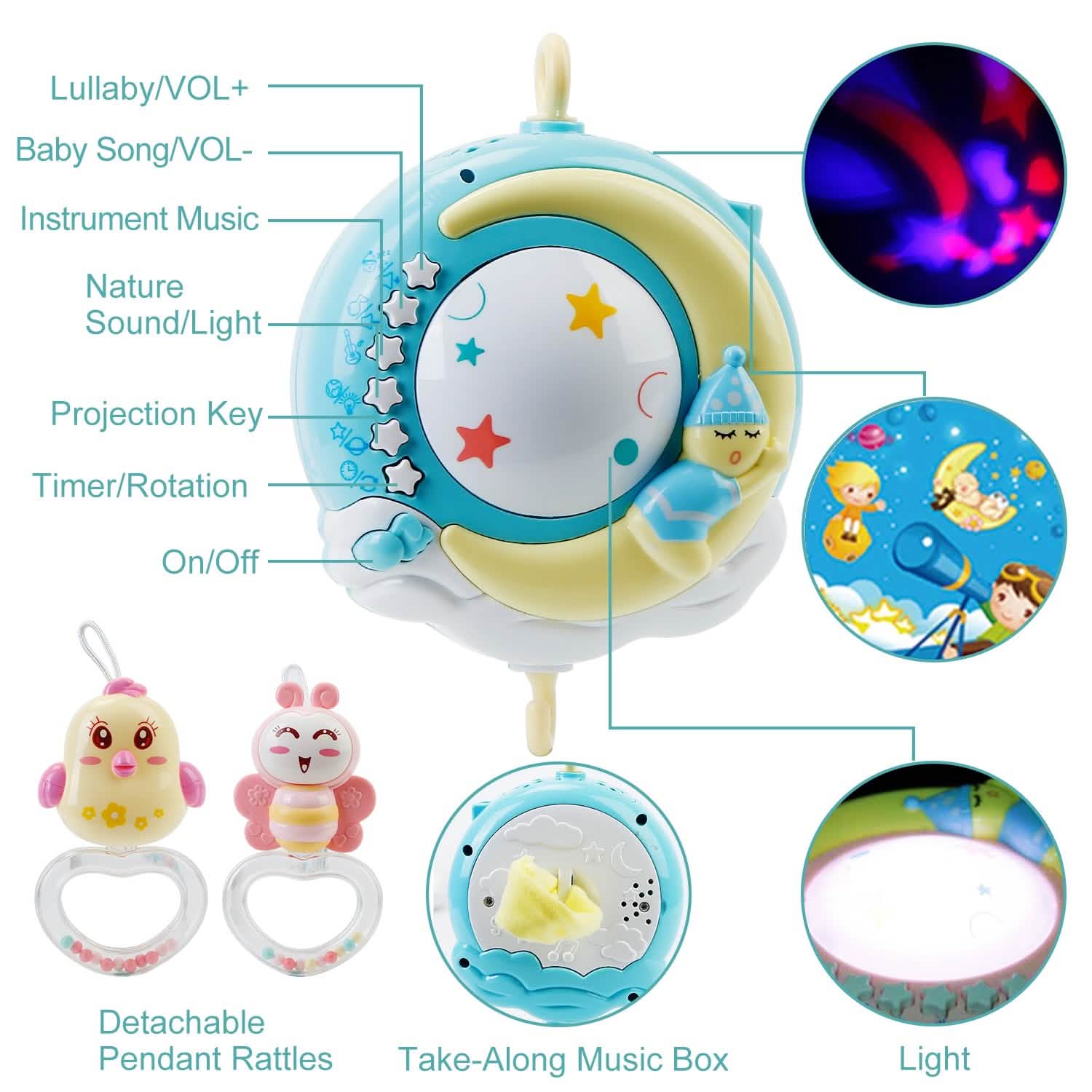 Mobile Star Projection Nursery Light Baby Rattle Toy with Music Box Remote Control