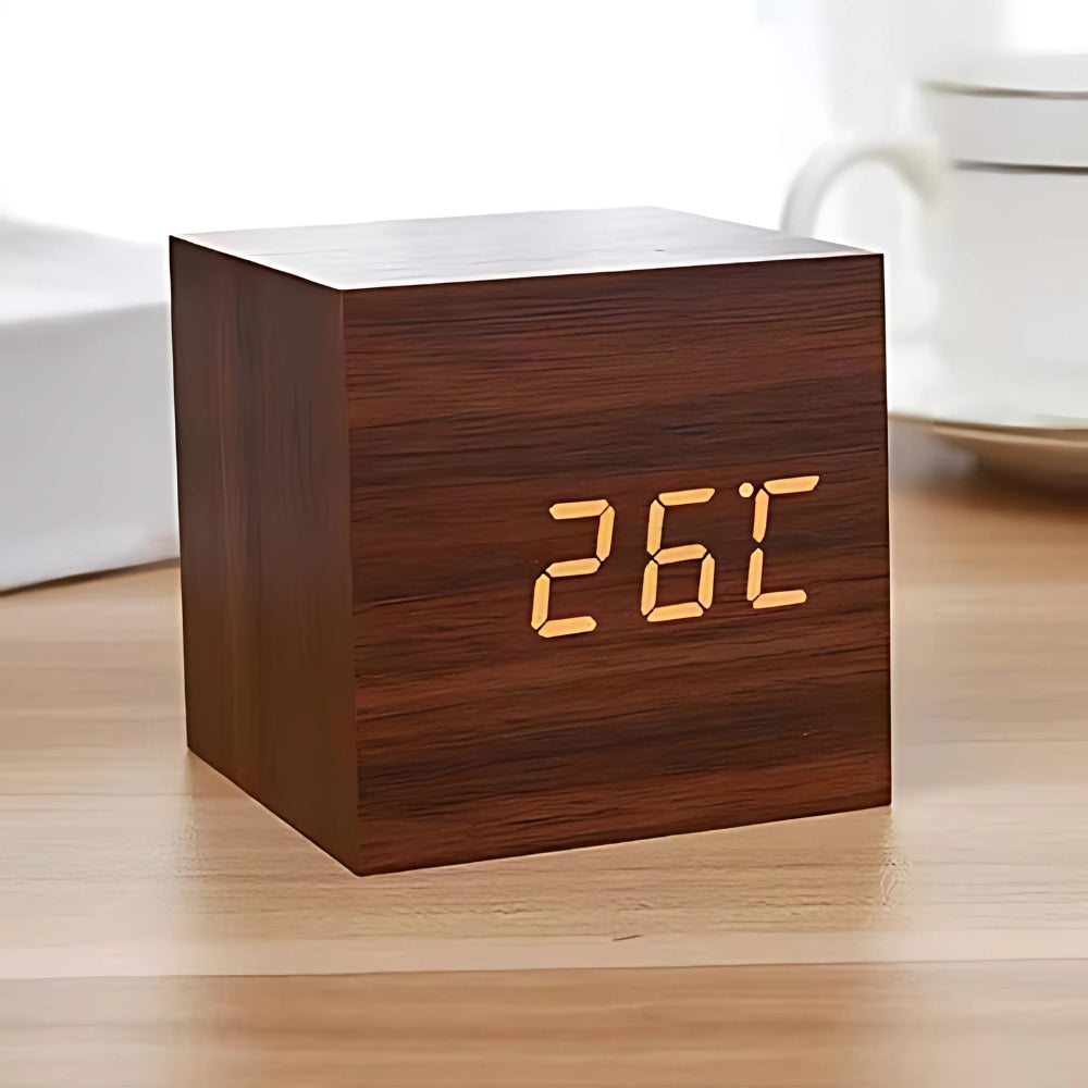 Compact LED Digital Cube Clock with Temp Display