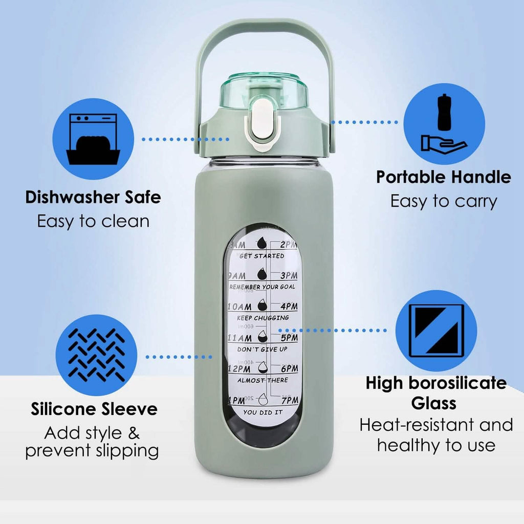 Motivational Water Bottle Intake Tracker with Straw Time Marker Silicone Sleeve Handle