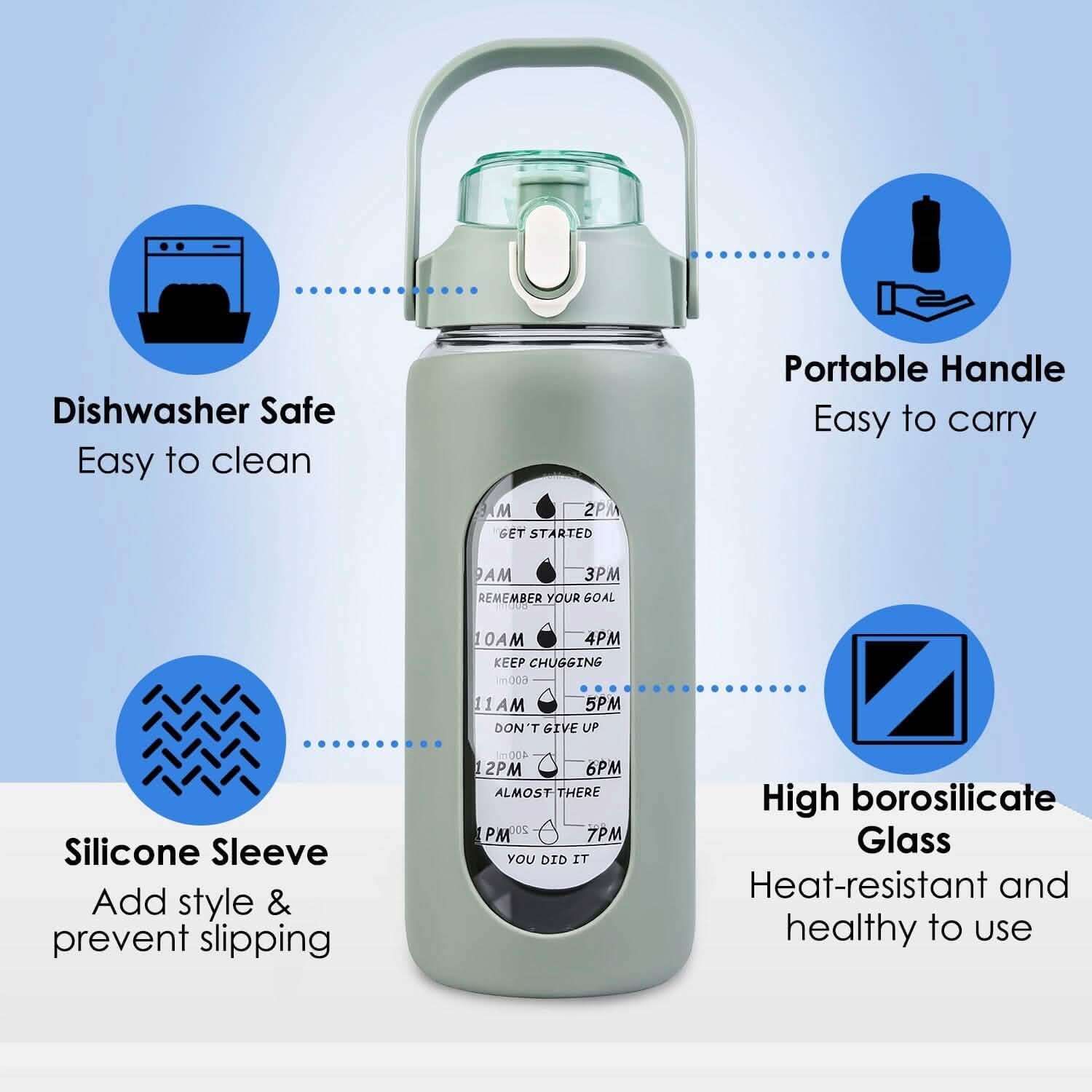 Motivational Water Bottle Intake Tracker with Straw Time Marker Silicone Sleeve Handle