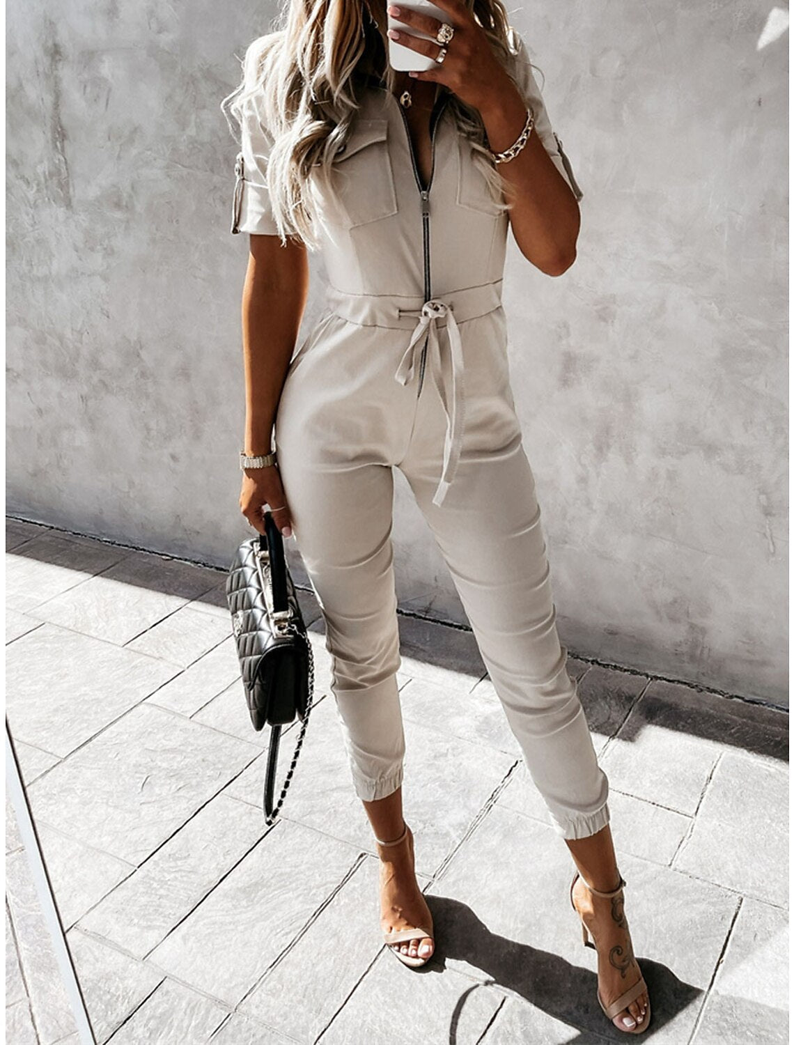 Women's Cargo Utility Jumpsuit with Tie Belt