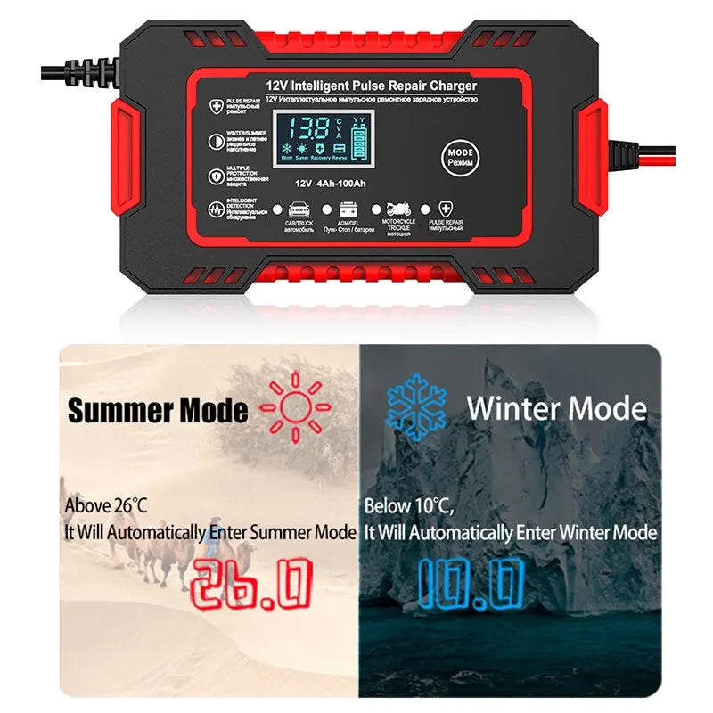 Niki | 12V 6A Smart Car Battery Charger | Pulse Repair, LCD Screen & Fast Charging for AGM, Gel & Lead-Acid Batteries