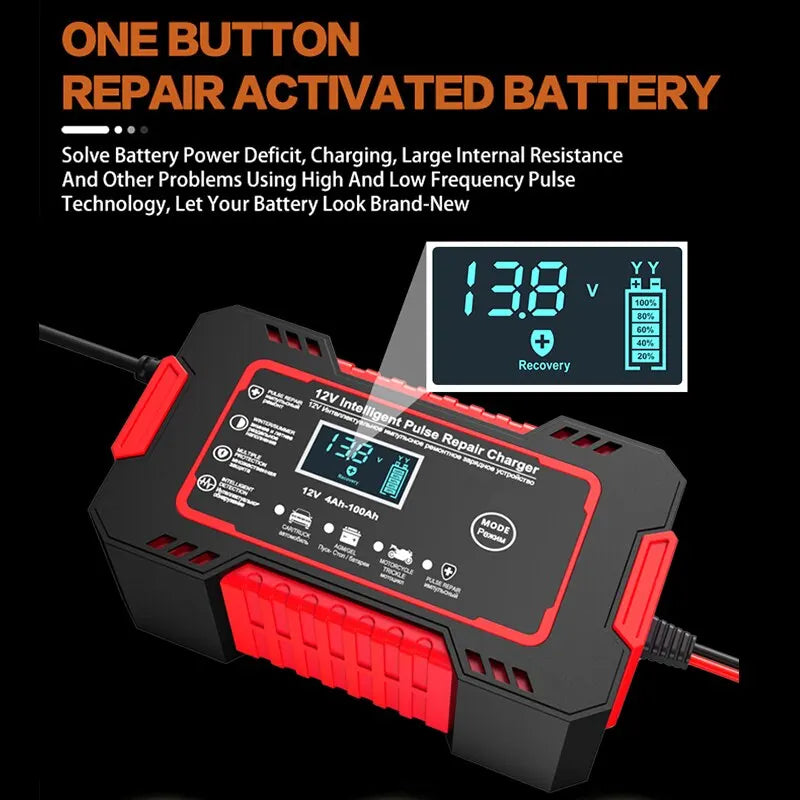 Niki | 12V 6A Smart Car Battery Charger | Pulse Repair, LCD Screen & Fast Charging for AGM, Gel & Lead-Acid Batteries
