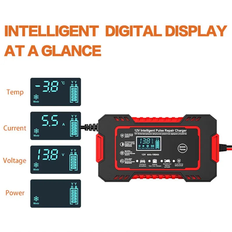 Niki | 12V 6A Smart Car Battery Charger | Pulse Repair, LCD Screen & Fast Charging for AGM, Gel & Lead-Acid Batteries