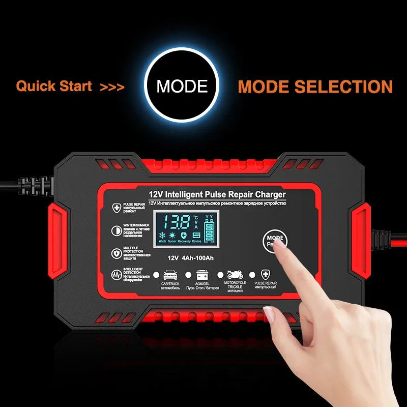 Niki | 12V 6A Smart Car Battery Charger | Pulse Repair, LCD Screen & Fast Charging for AGM, Gel & Lead-Acid Batteries