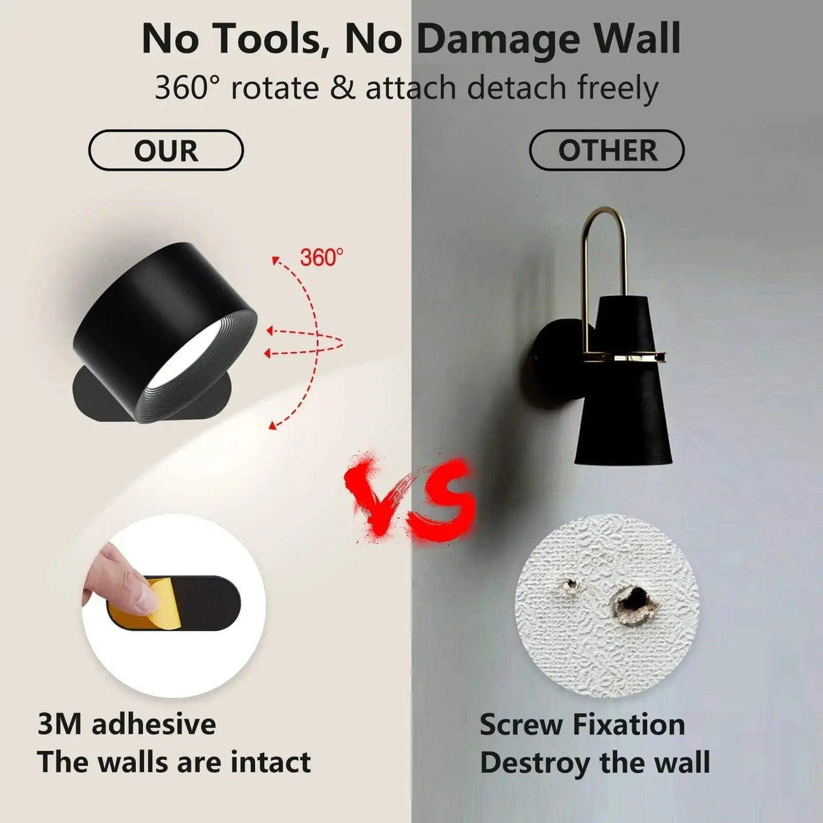Niki | Battery-Powered Wall Lamp | Rechargeable, 360° Adjustable and Wireless for Bedrooms, Hallways, and Reading Nooks