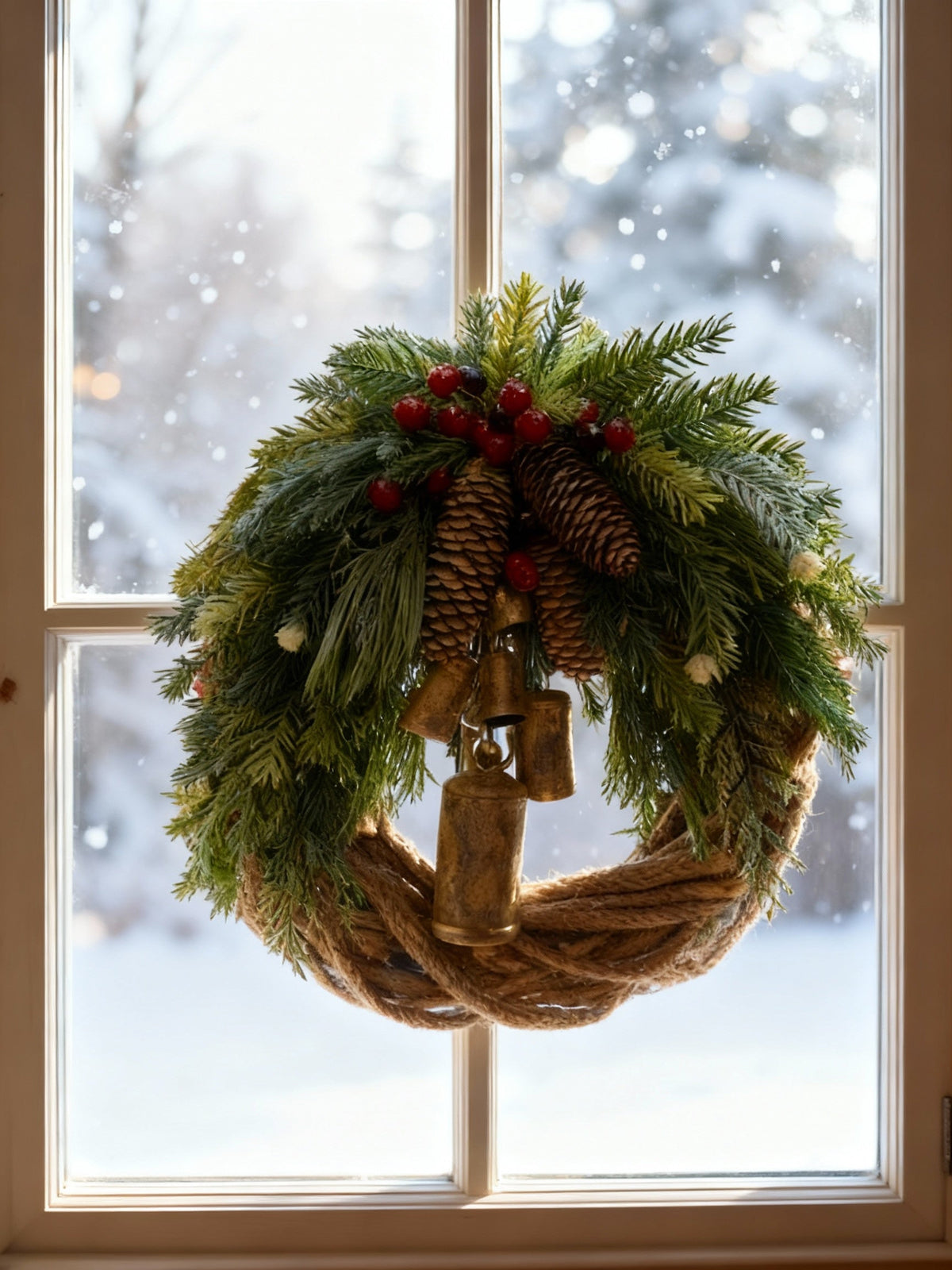 Niki | Handmade Bohemian Winter Wreath | Bells, Pinecones & Berries | 43 cm | Indoor/Outdoor