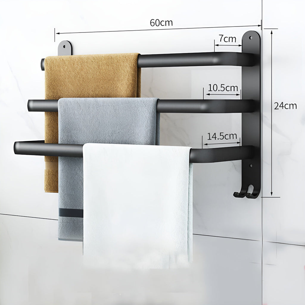 Niki | Aluminum 3-Bar Towel Rack - Black, Drill-Free Wall Mount