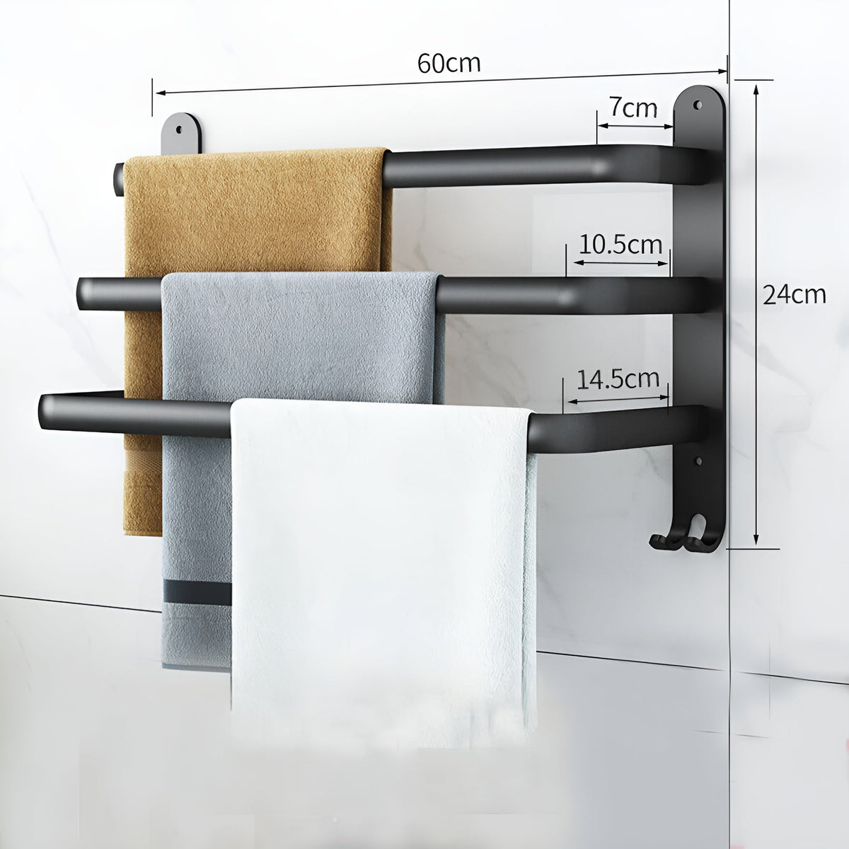 Niki | Aluminum 3-Bar Towel Rack - Black, Drill-Free Wall Mount