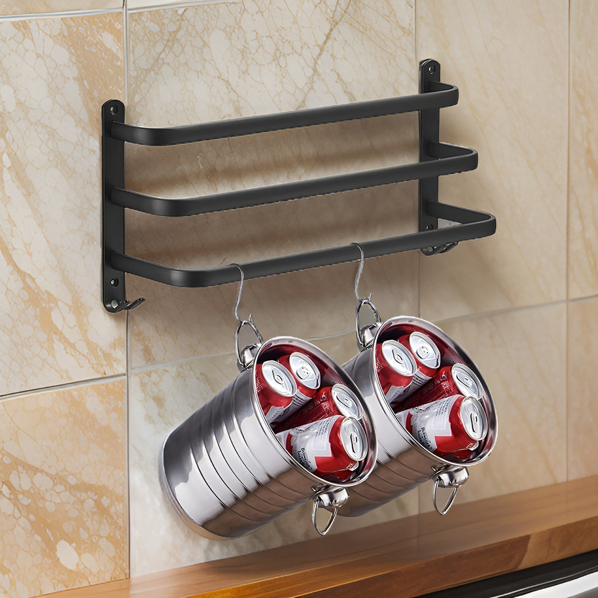 Niki | Aluminum 3-Bar Towel Rack - Black, Drill-Free Wall Mount